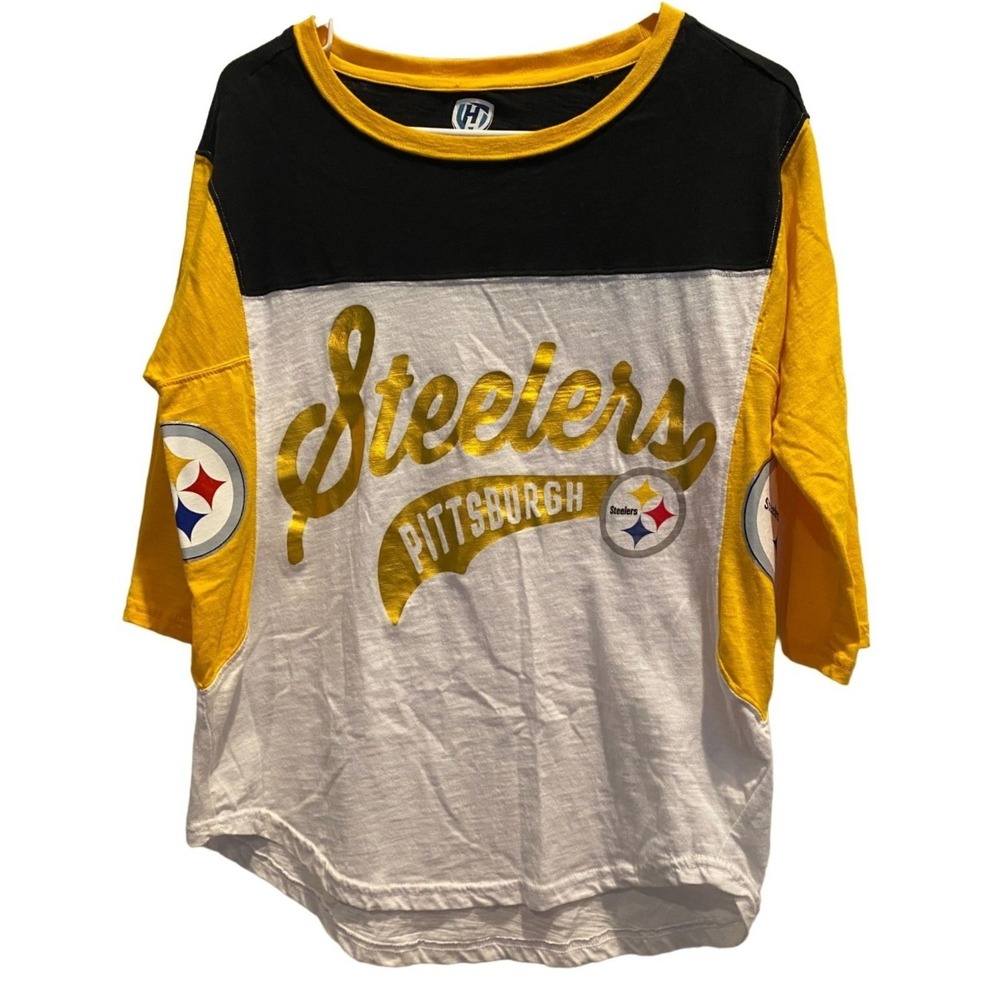 Hands High‎ NFL Pittsburgh Steelers Shirt Small Women Black Gold Raglan Tee